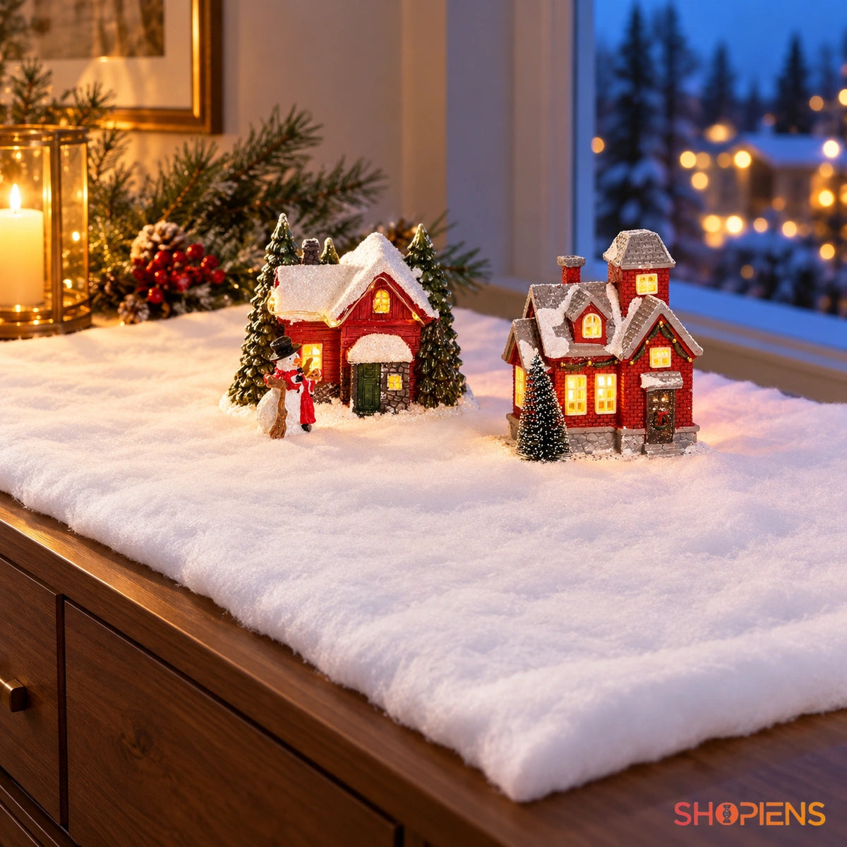 Țesătură albă pentru decor de iarnă, 120 × 80 cm folosită în satul de Crăciun, lângă două căsuțe cu LED; decor neinclus | Shopiens®