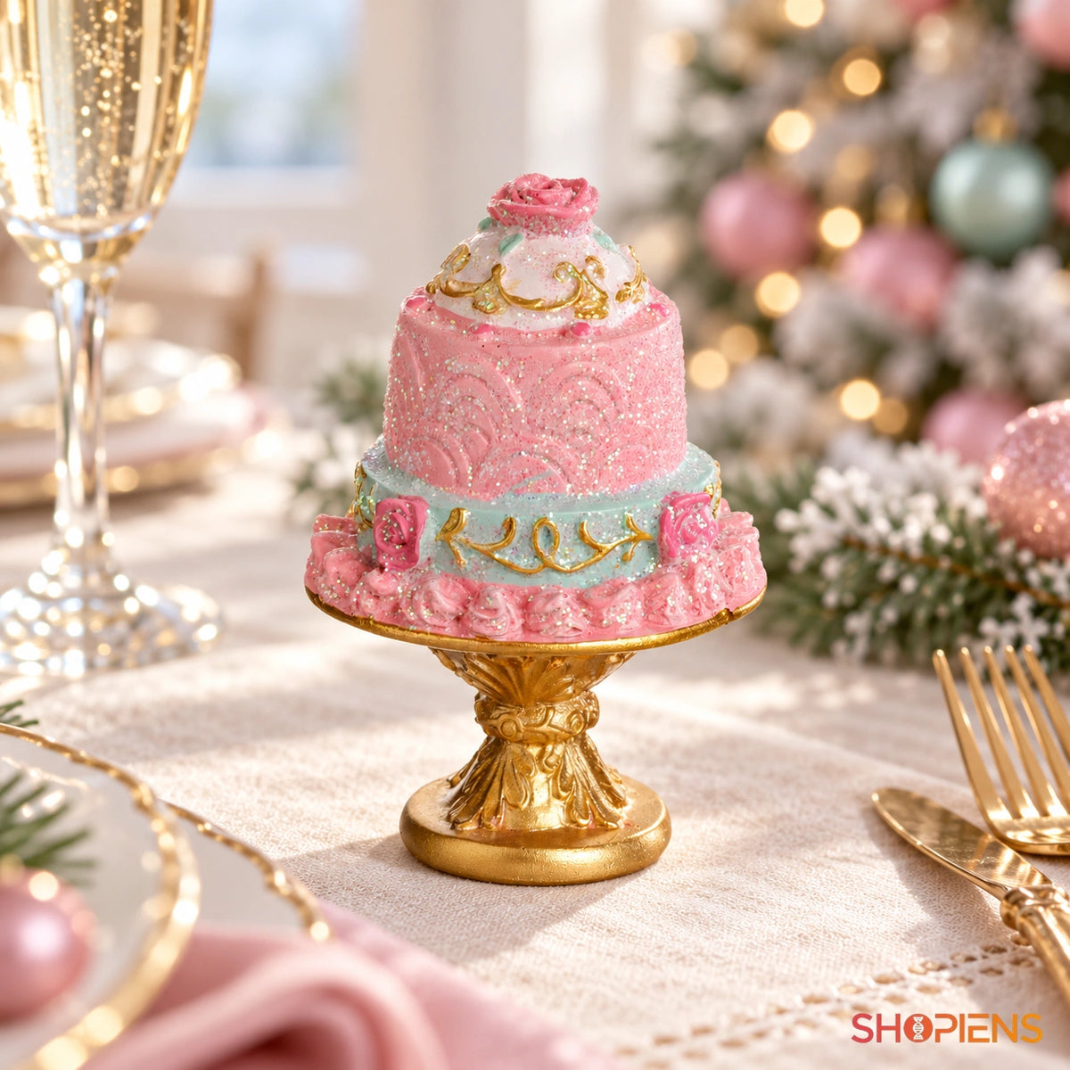 Tort decorativ roz și mentă cu glitter, 11 cm pe o masă festivă, în lumină naturală | Shopiens®