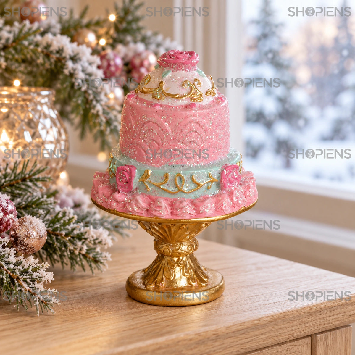Tort decorativ roz și mentă cu glitter, 11 cm într-un aranjament de iarnă lângă fereastră | Shopiens®