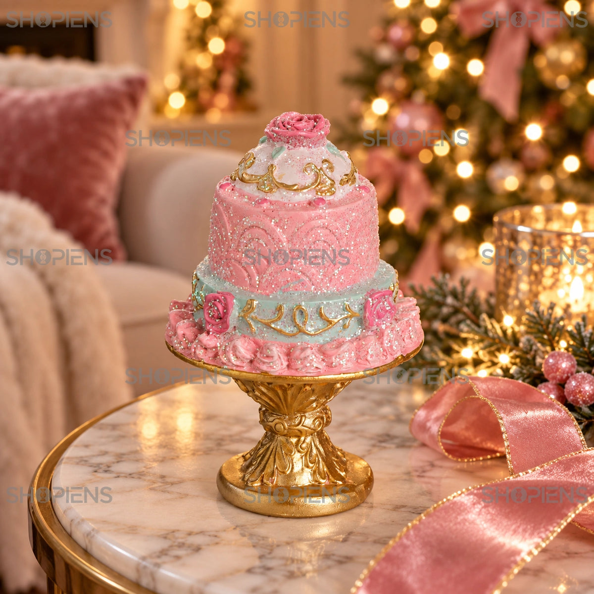 Tort decorativ roz și mentă cu glitter, 11 cm într-un decor de seară cu lumini de Crăciun | Shopiens®