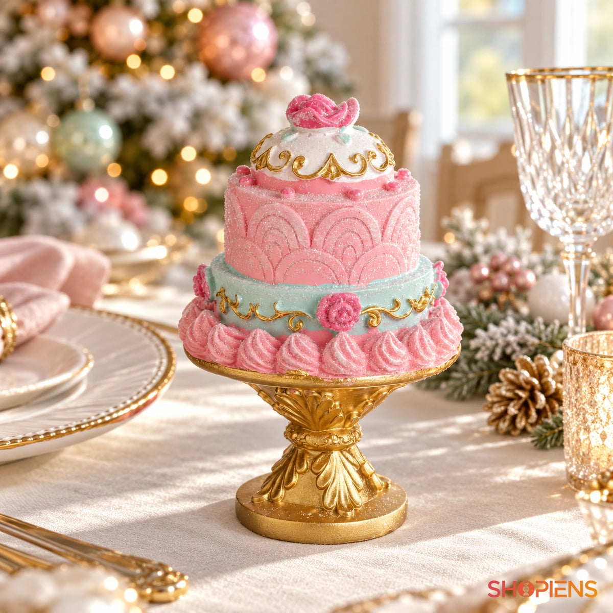 Tort ornamental pastel pe picior auriu, 17 cm pe o masă festivă, în lumină naturală | Shopiens®