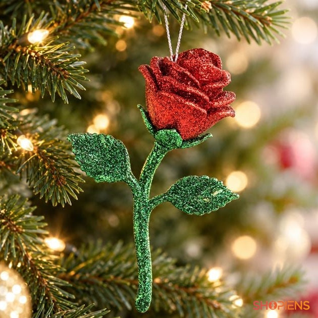 Trandafir roșu cu glitter pentru brad, 12 cm, în brad, decor neinclus | Shopiens®