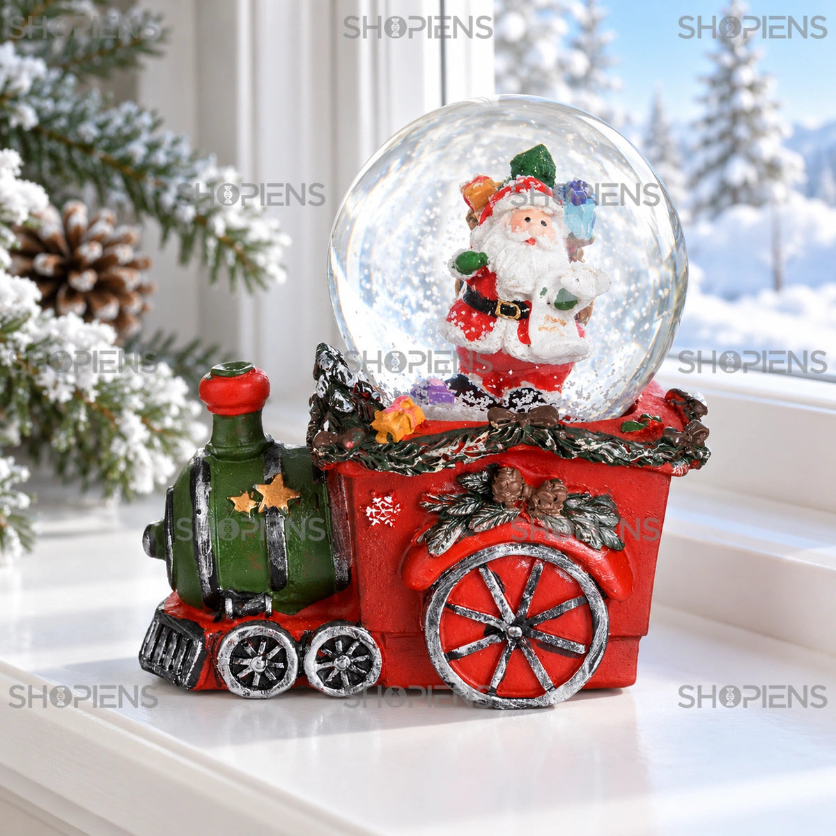 Tren decorativ cu glob și Moș Crăciun, 10 cm lângă fereastră, în lumină de iarnă | Shopiens®