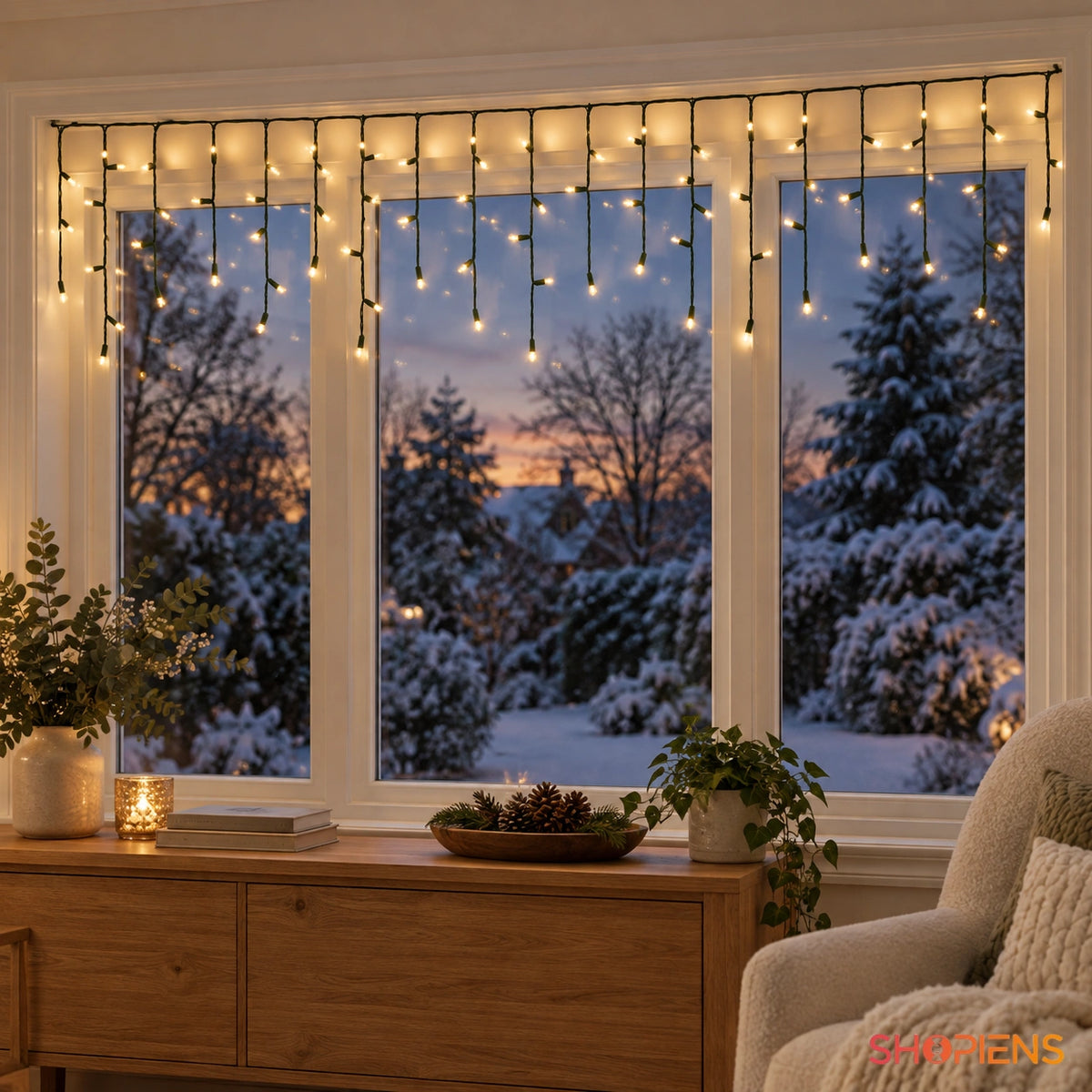 Țurțuri LED alb cald la fereastra unui living cu consolă din stejar | Shopiens®