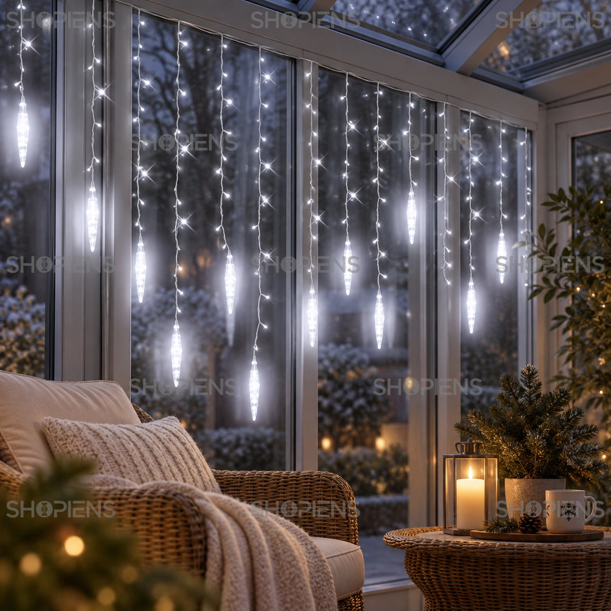 Țurțuri decorativi cu 152 LED-uri alb rece și efect flash, 3 m, detaliu într-o verandă închisă | Shopiens®