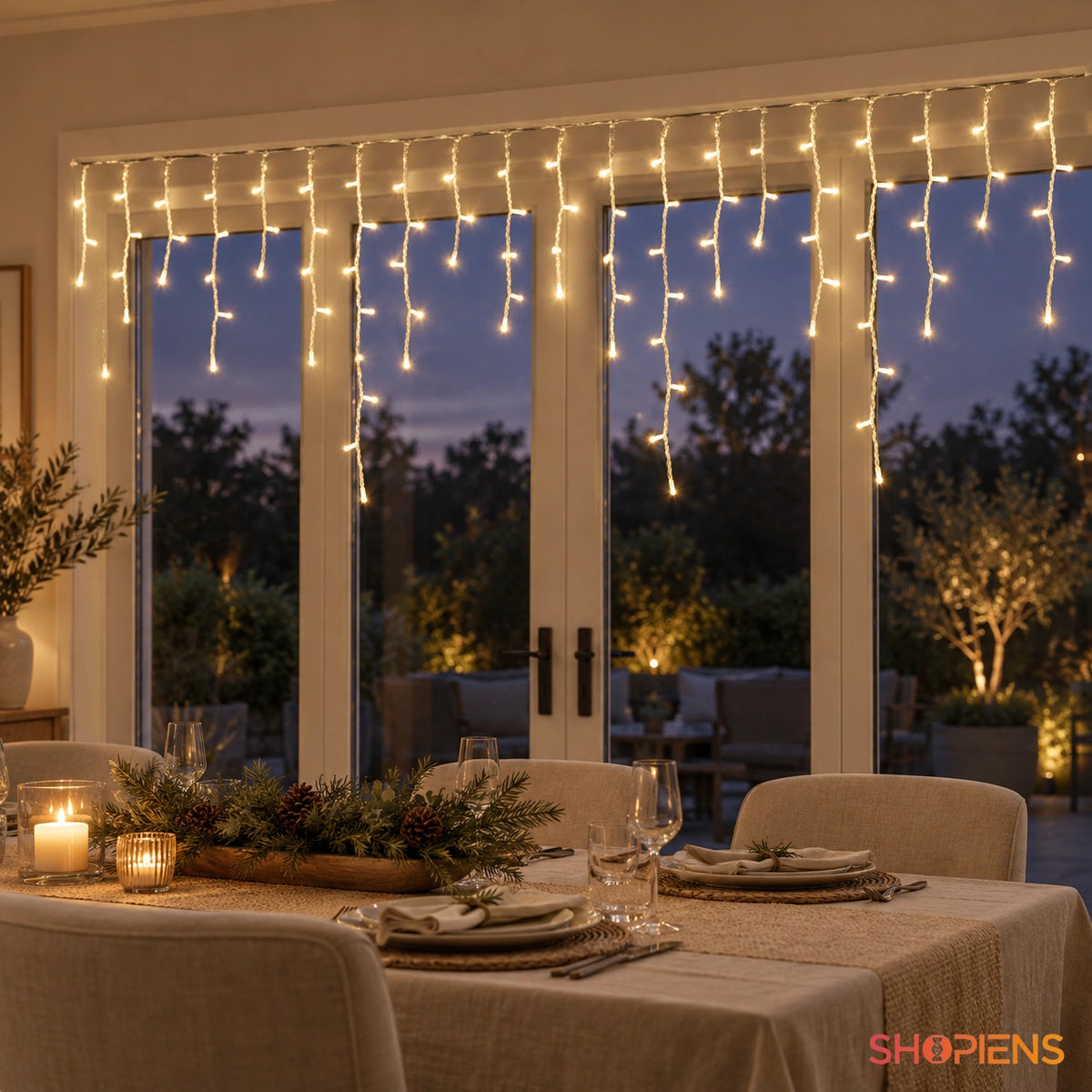 Țurțuri cu 200 LED-uri alb cald și cablu transparent, deasupra ușilor vitrate din sufragerie | Shopiens®