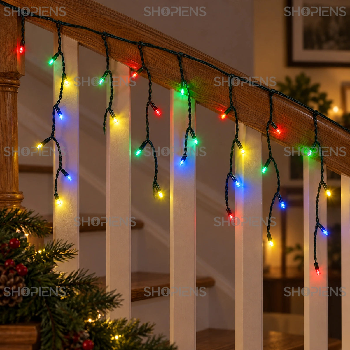Perdea cu 288 LED-uri multicolore și cablu verde închis, pe o balustradă din stejar | Shopiens®