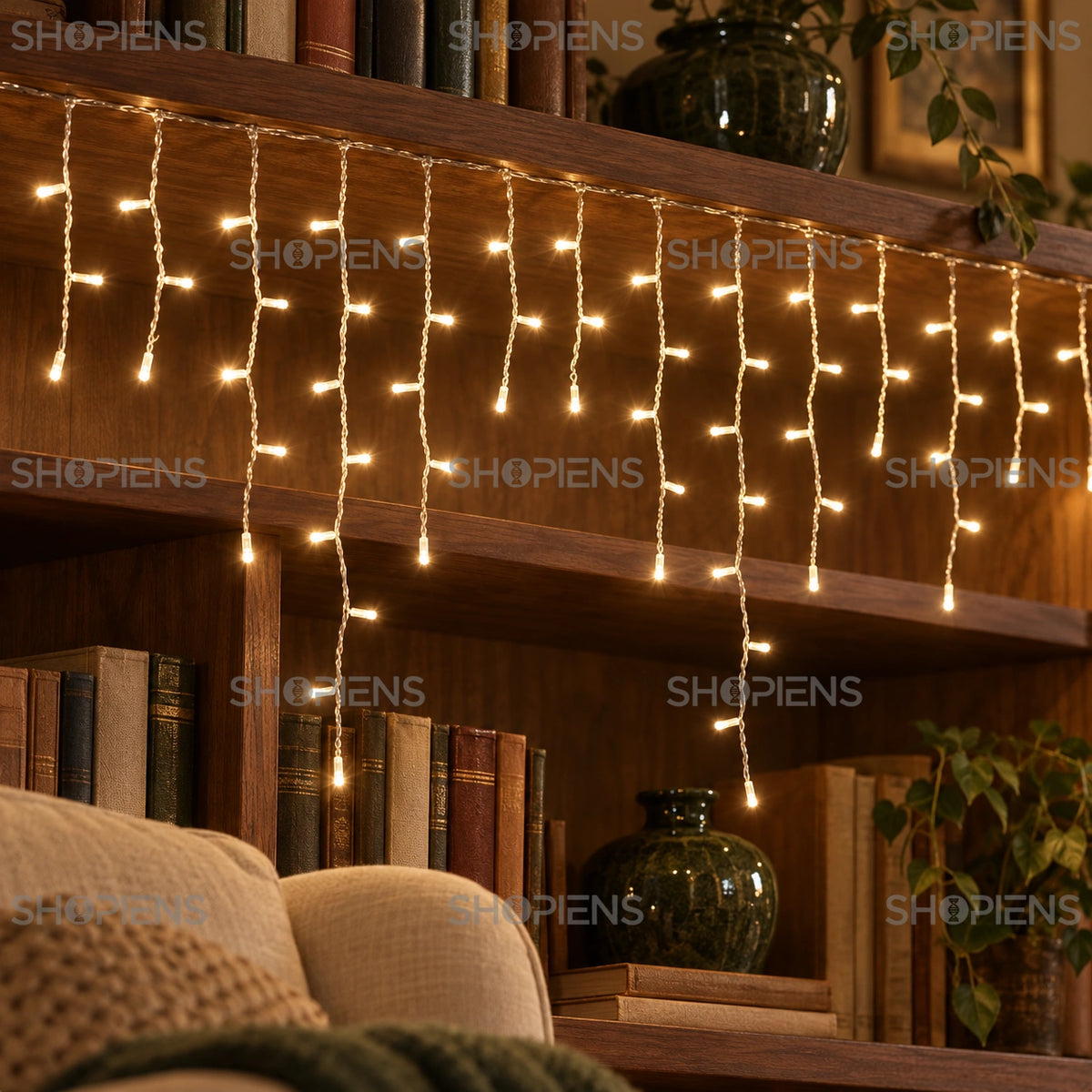 Țurțuri cu 288 LED-uri alb cald și cablu transparent, pe o bibliotecă din lemn | Shopiens®