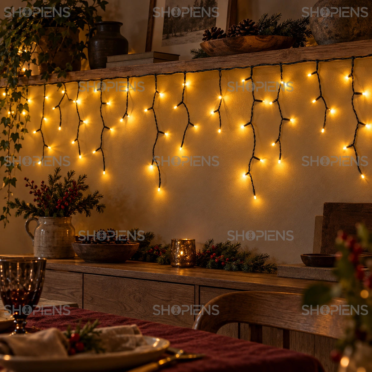 Perdea cu 500 LED-uri alb extra cald și cablu verde, deasupra unui bufet din sufragerie | Shopiens®