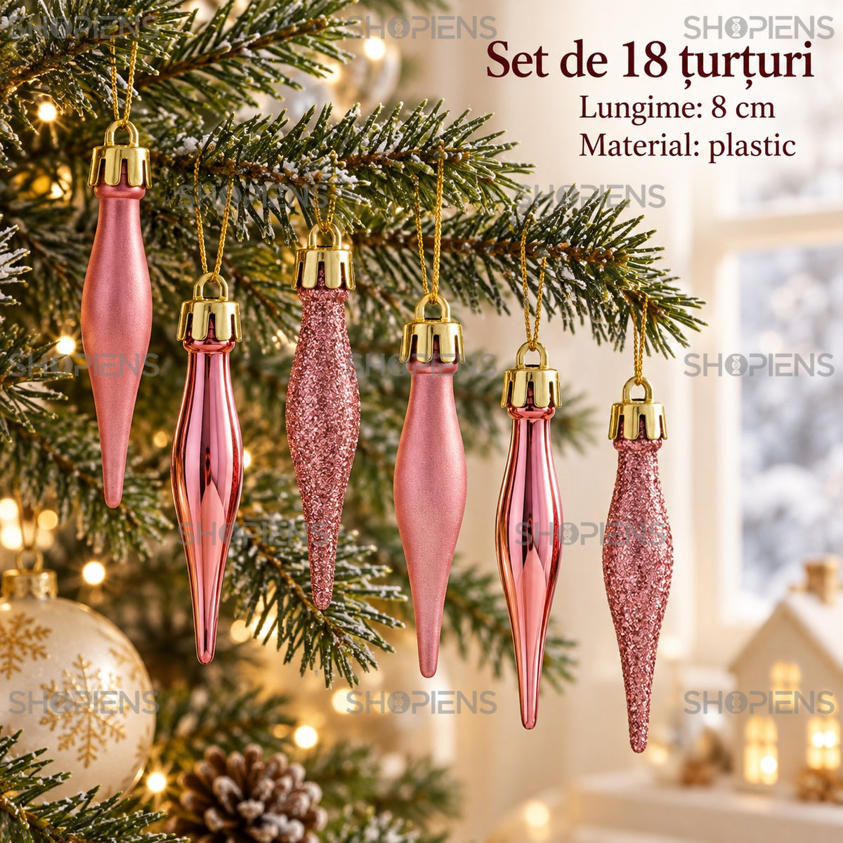 Set 18 țurțuri roz pentru brad, 8 cm – specificații și număr de bucăți – Shopiens