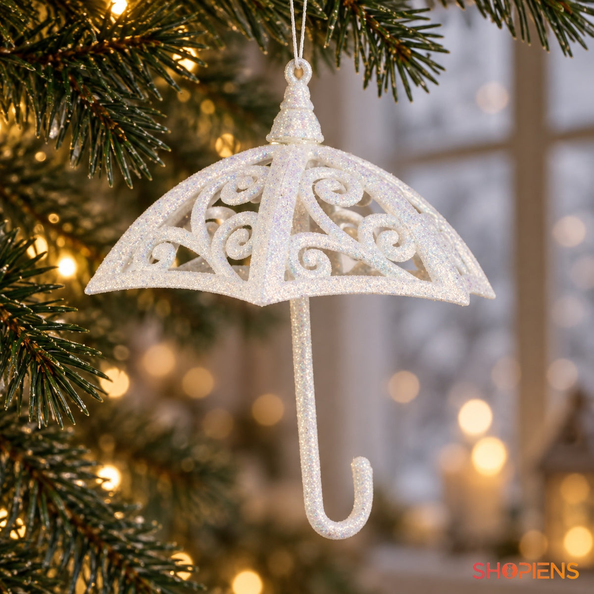 Umbrelă albă ajurată cu glitter suspendată în brad – Shopiens