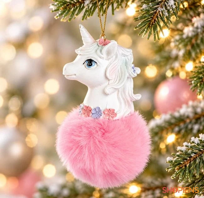 Unicorn alb cu pompon roz, 10 cm, în brad, decor neinclus | Shopiens®