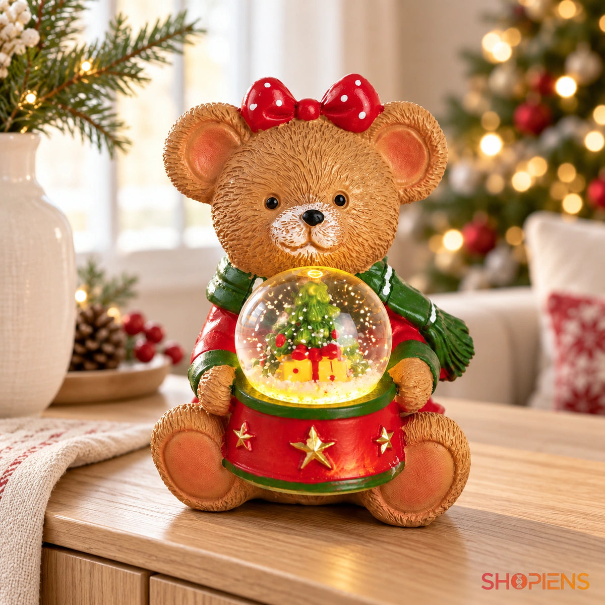 Ursuleț decorativ cu glob de zăpadă și LED, 11 cm în decor luminos de Crăciun | Shopiens®