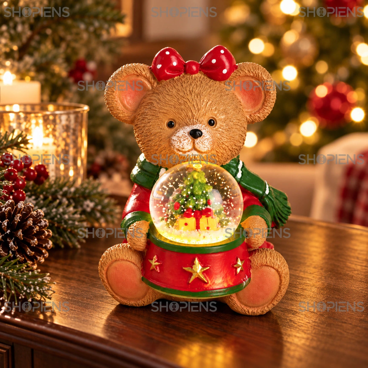 Ursuleț decorativ cu glob de zăpadă și LED, 11 cm în decor festiv de seară | Shopiens®