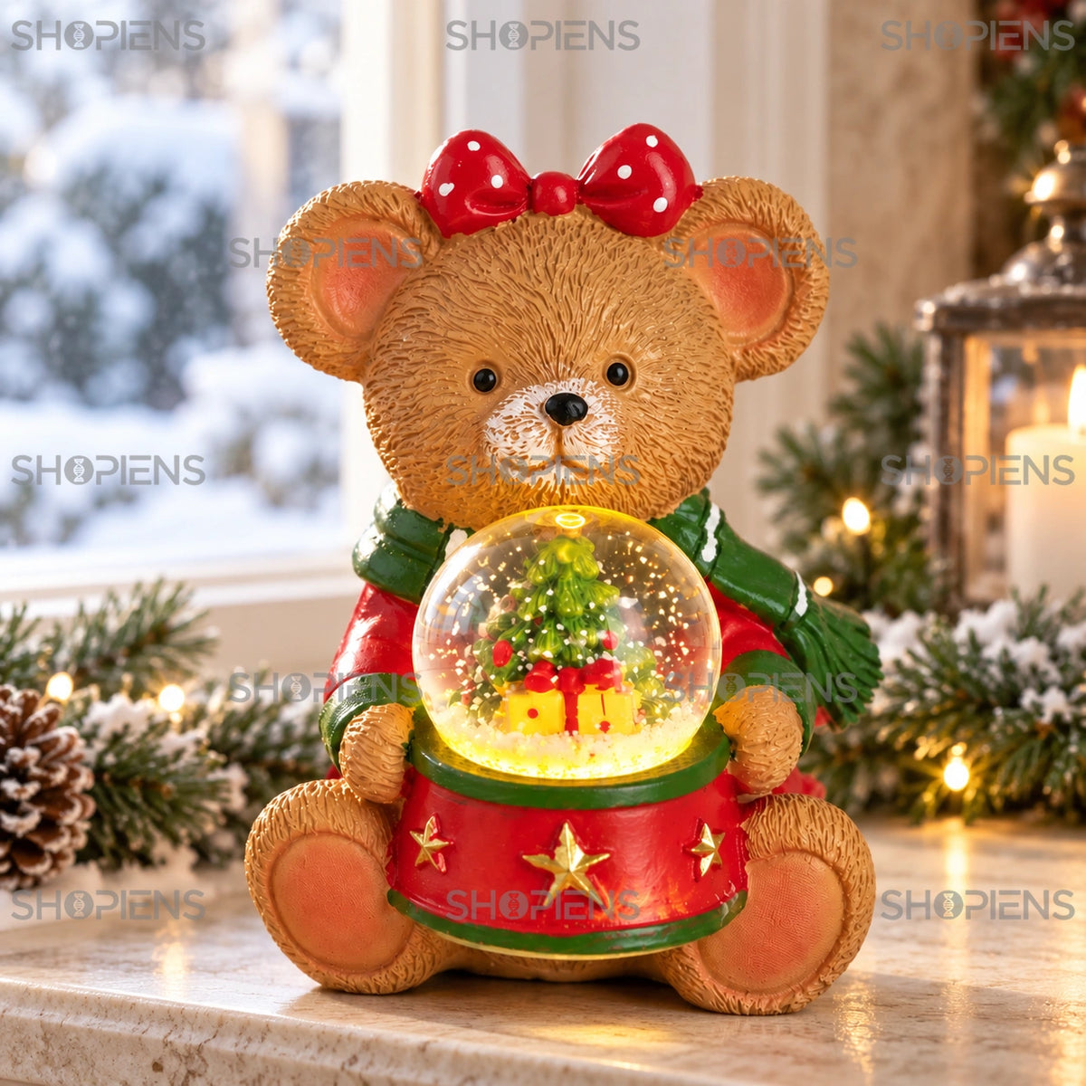 Ursuleț decorativ cu glob de zăpadă și LED, 11 cm lângă fereastră, în decor de iarnă | Shopiens®