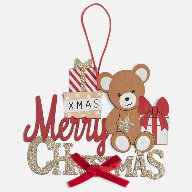 Ursuleț din lemn cu mesaj Merry Christmas, 12 × 10 cm, vedere produs | Shopiens®