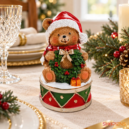 Ursuleț ornamental pe tobă cu coroniță, 14 cm pe masa festivă, în lumină naturală | Shopiens®