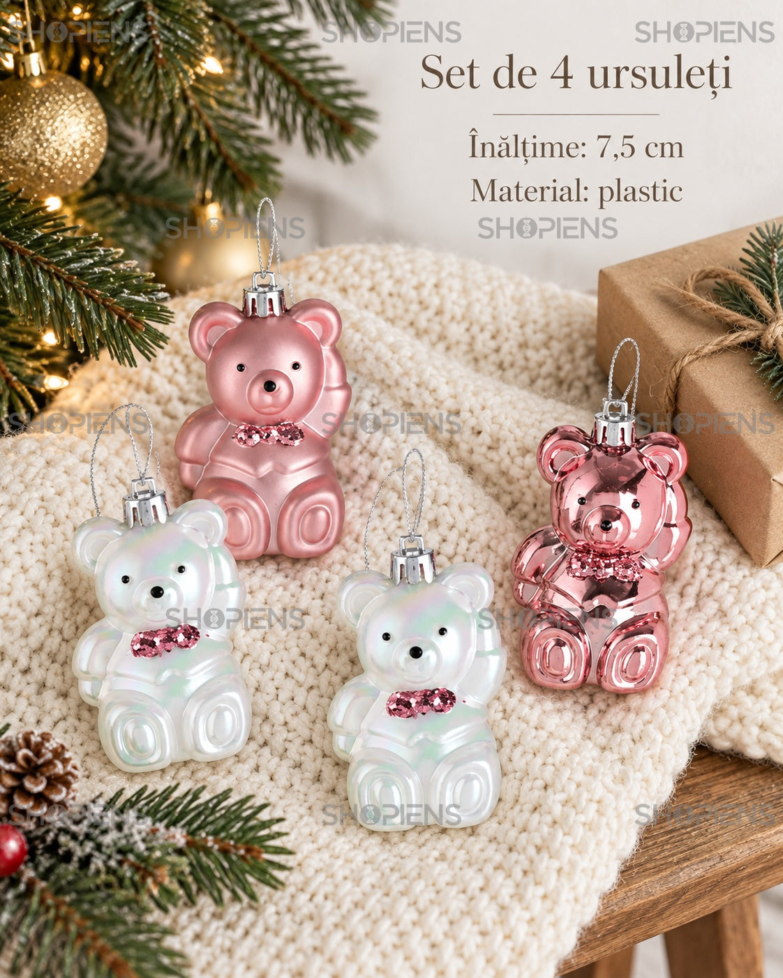 Ursuleți roz și albi cu papion, set 4, 7,5 cm – specificații și conținut – Shopiens