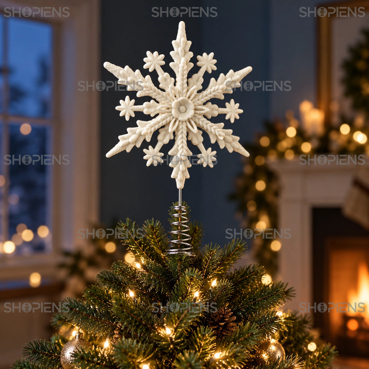 Vârf de brad fulg alb cu sclipici, 23 cm în vârful bradului, într-un decor de seară cu lumini calde | Shopiens®