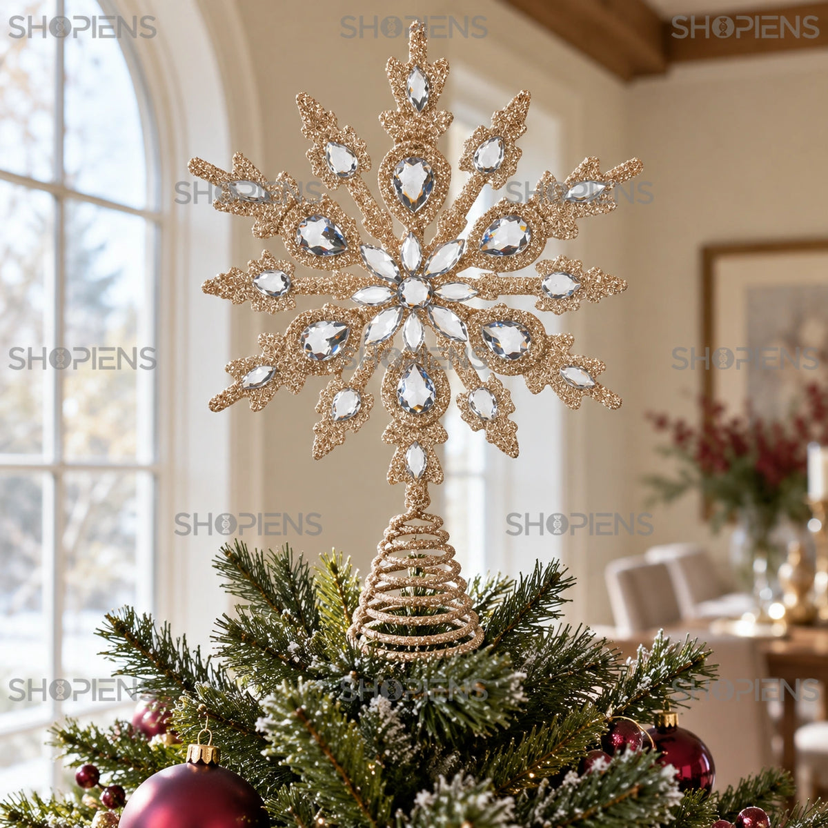 Vârf pentru brad fulg șampanie cu strasuri, 20 cm în coroana bradului, lângă fereastră, în lumină de zi | Shopiens®
