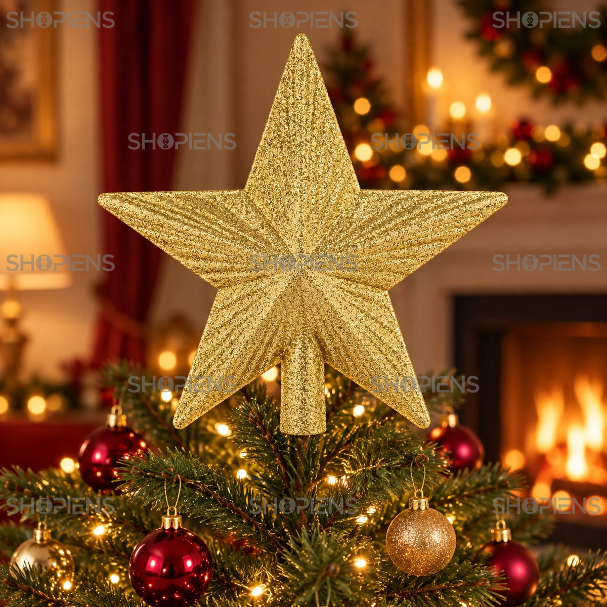 Vârf de brad stea 3D aurie cu glitter, 15 cm în vârful bradului, într-un decor de seară cu lumini calde | Shopiens®