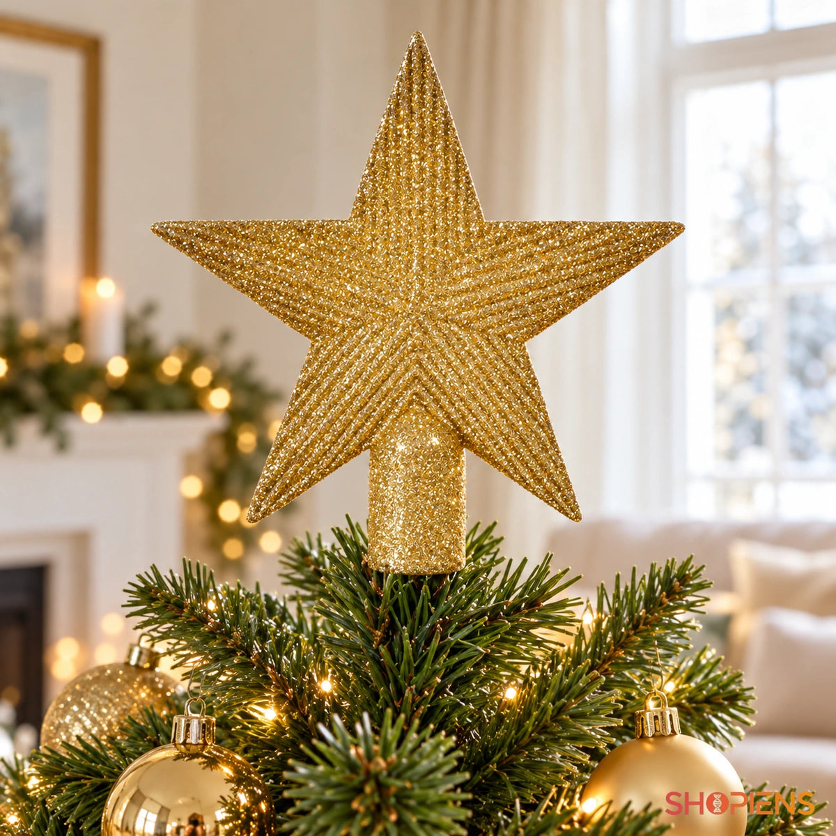 Vârf pentru brad stea aurie cu glitter fin, 15 cm în vârful unui brad verde, într-un living luminos | Shopiens®