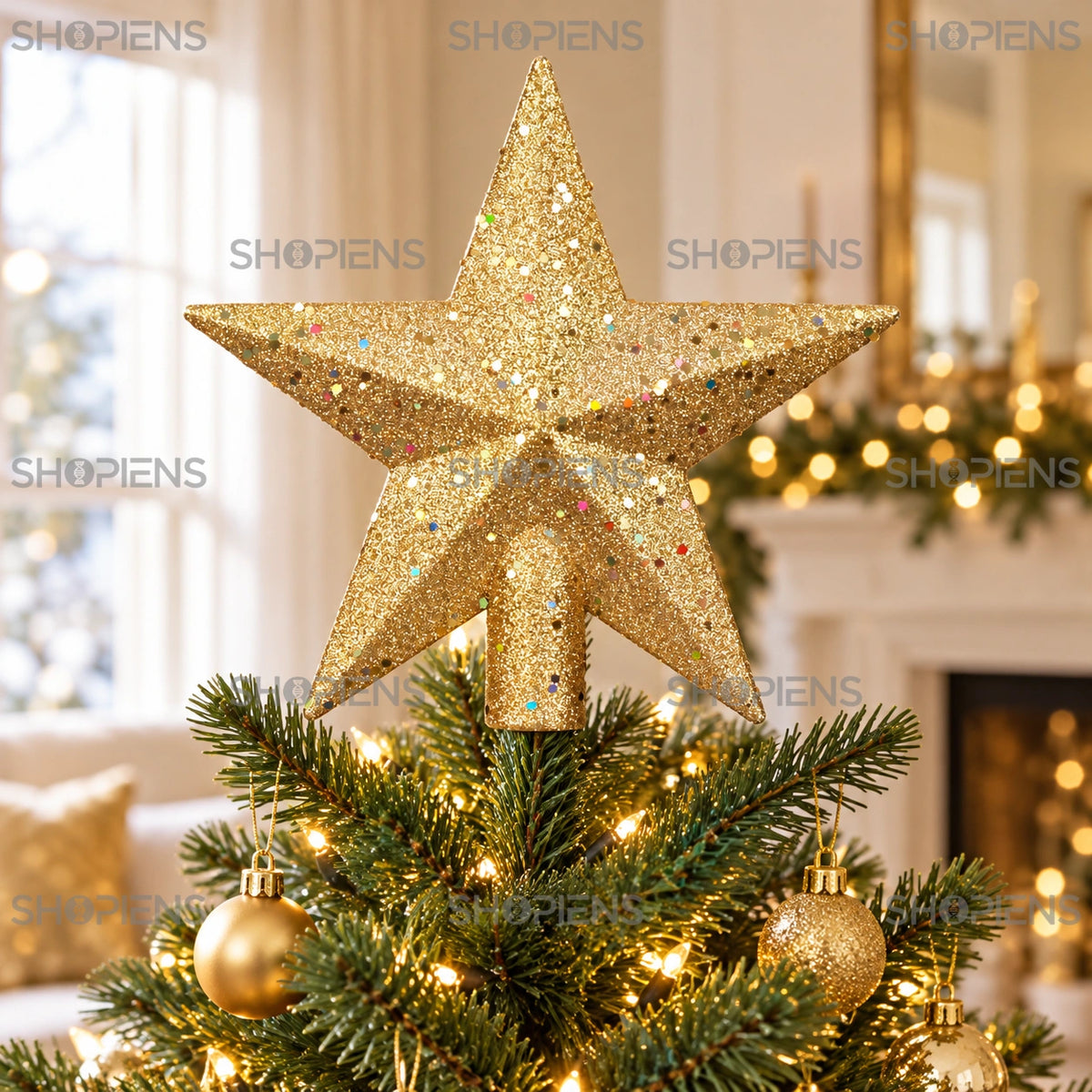 Vârf de brad stea aurie cu glitter și mărgele, 20 cm în vârful unui brad verde, într-un living luminos | Shopiens®