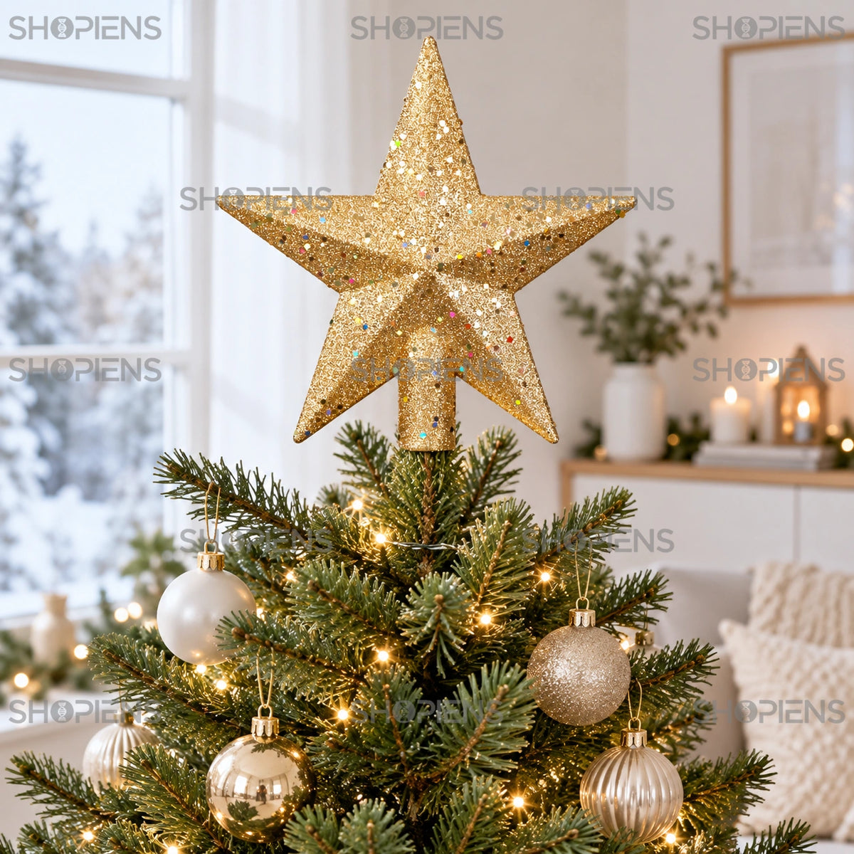 Vârf de brad stea aurie cu glitter și mărgele, 20 cm în coroana bradului, lângă fereastră, în lumină de zi | Shopiens®