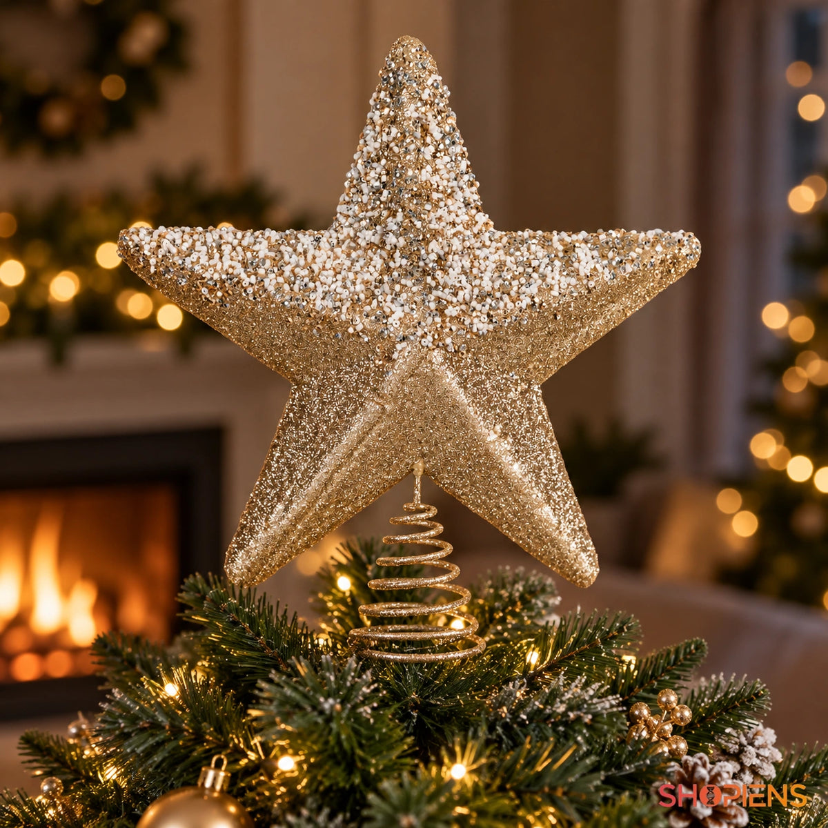 Vârf pentru brad stea bej ninsă cu glitter, 30 cm în vârful bradului, într-un decor de seară cu lumini calde | Shopiens®
