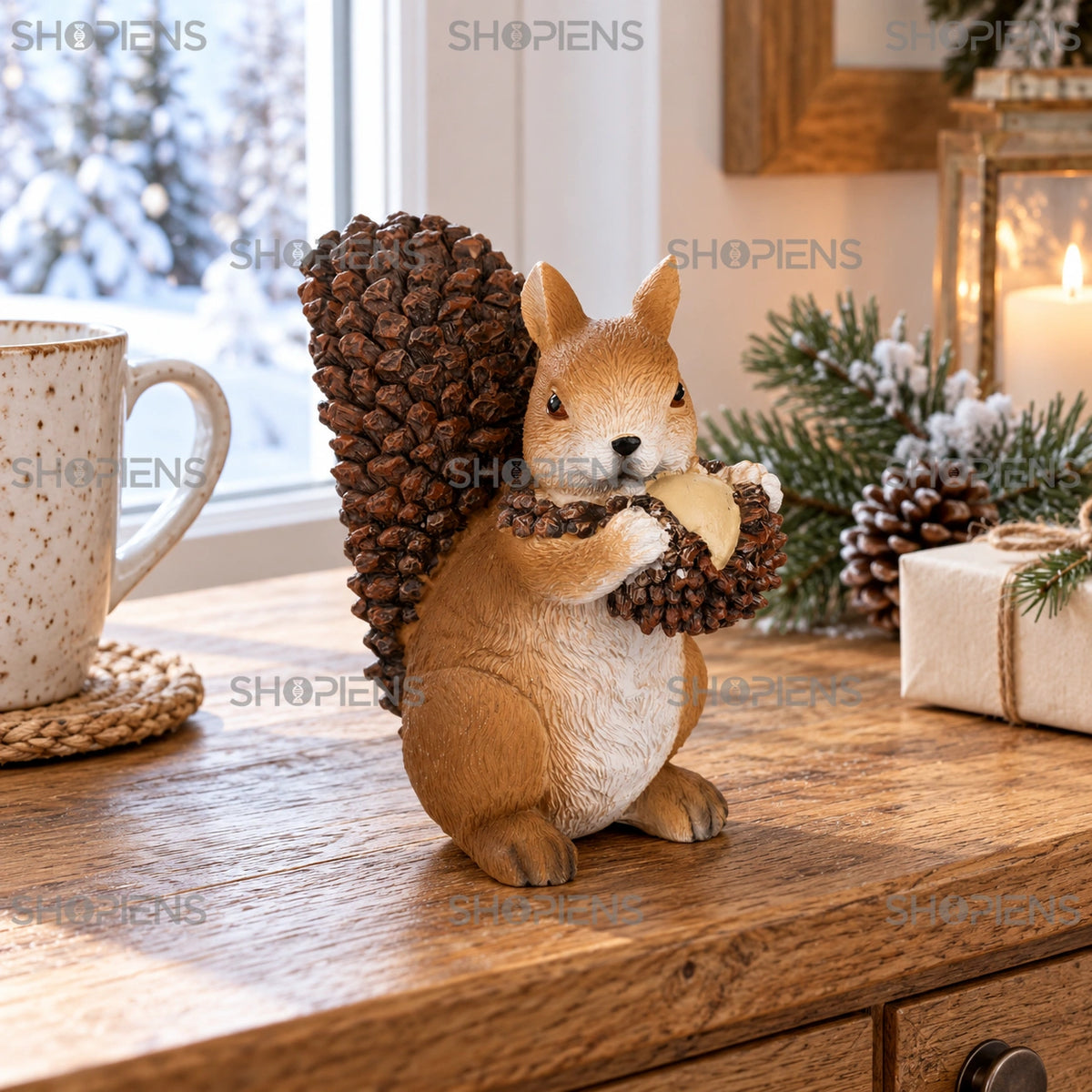 Veveriță decorativă cu ghindă și coadă texturată, 11 cm pe o consolă lângă fereastră, într-un decor de iarnă | Shopiens®