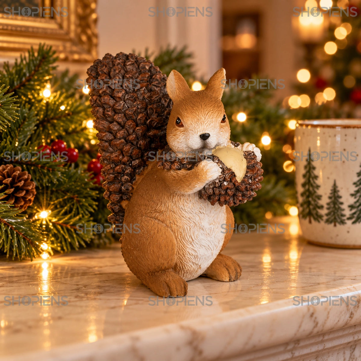 Veveriță decorativă cu ghindă și coadă texturată, 11 cm pe șemineu, într-un decor de seară cu lumini de Crăciun | Shopiens®