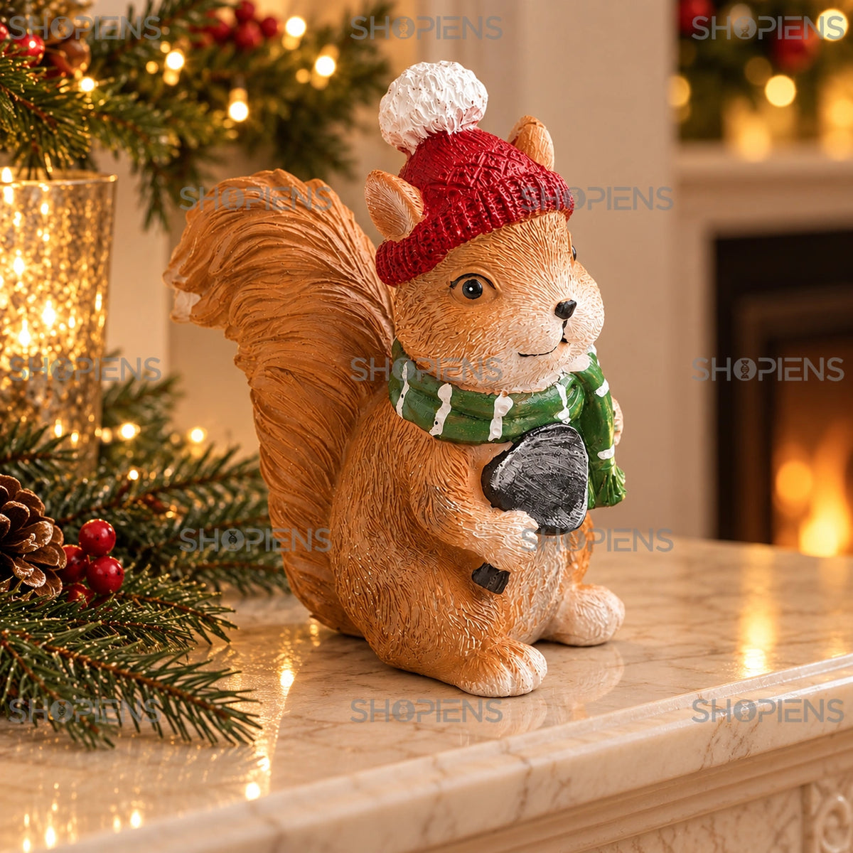 Veveriță de Crăciun cu fular verde și căciulă roșie, 14 cm pe șemineu, într-un decor de seară cu lumini de Crăciun | Shopiens®