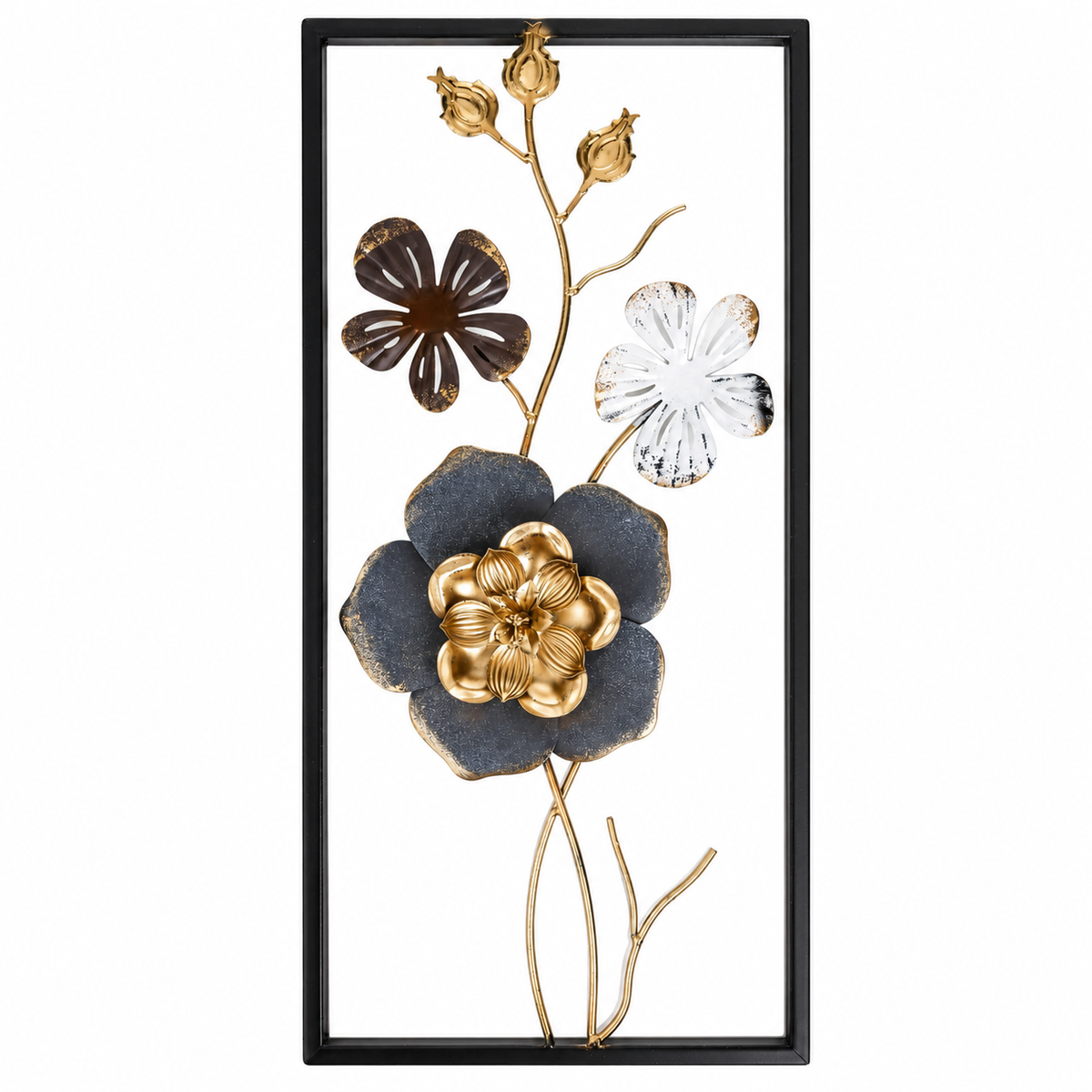 Tablou cu flori 3D din metal, auriu, alb și gri, ramă neagră, 25x50 cm