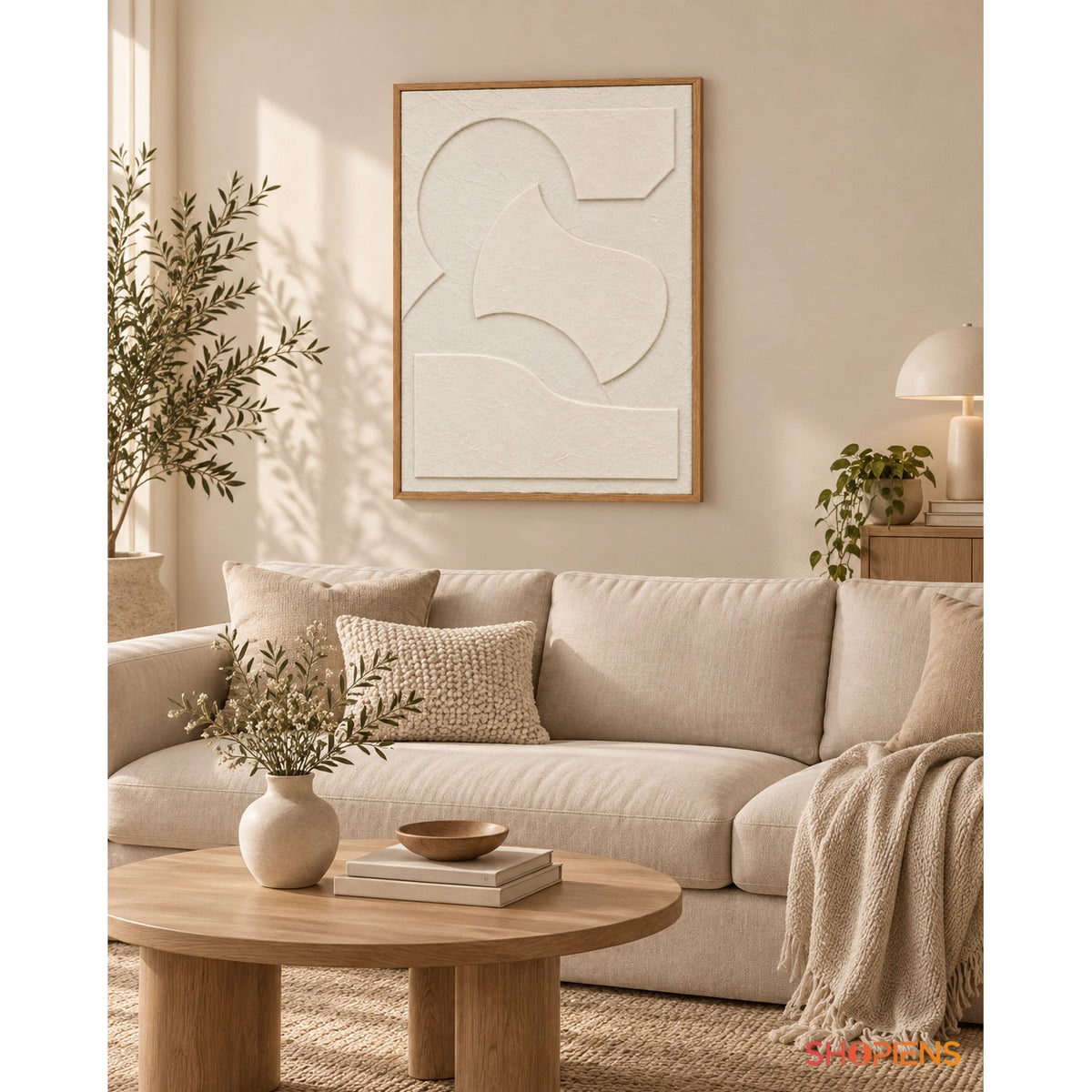 Tablou abstract modern cu cercuri și forme organice în relief, crem-bej, 42x52 cm Shopiens – în living deasupra canapelei