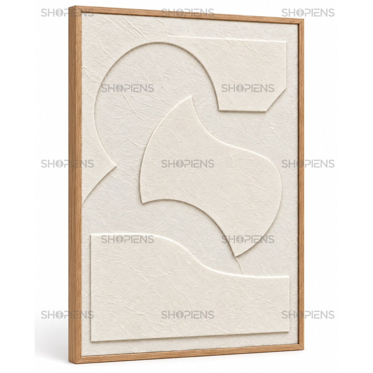 Tablou abstract modern cu cercuri și forme organice în relief, crem-bej, 42x52 cm Shopiens – vedere din lateral cu ramă natur