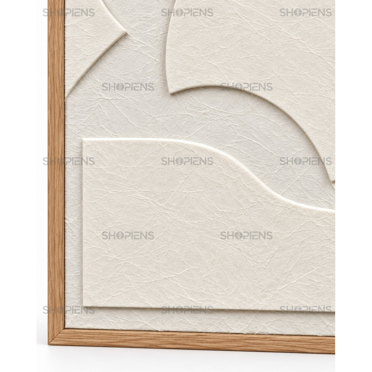 Tablou abstract modern cu cercuri și forme organice în relief, crem-bej, 42x52 cm Shopiens – detaliu colț ramă