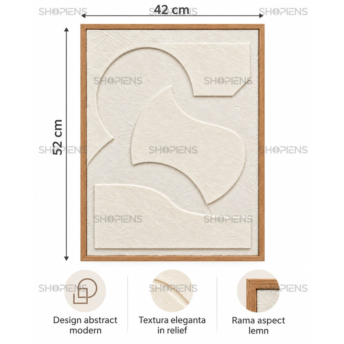 Tablou abstract modern cu cercuri și forme organice în relief, crem-bej, 42x52 cm Shopiens – dimensiuni 42 x 52 cm