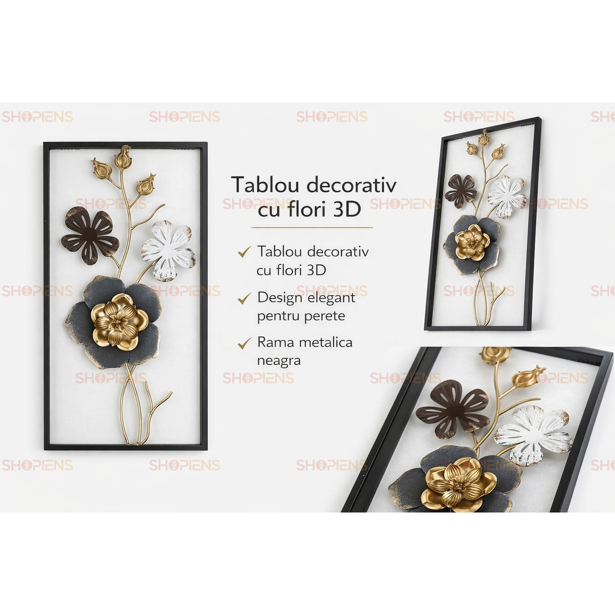 Tablou cu flori 3D din metal auriu, alb și gri, ramă neagră, 25x50 cm Shopiens – vedere din față și din unghi, cu caracteristici