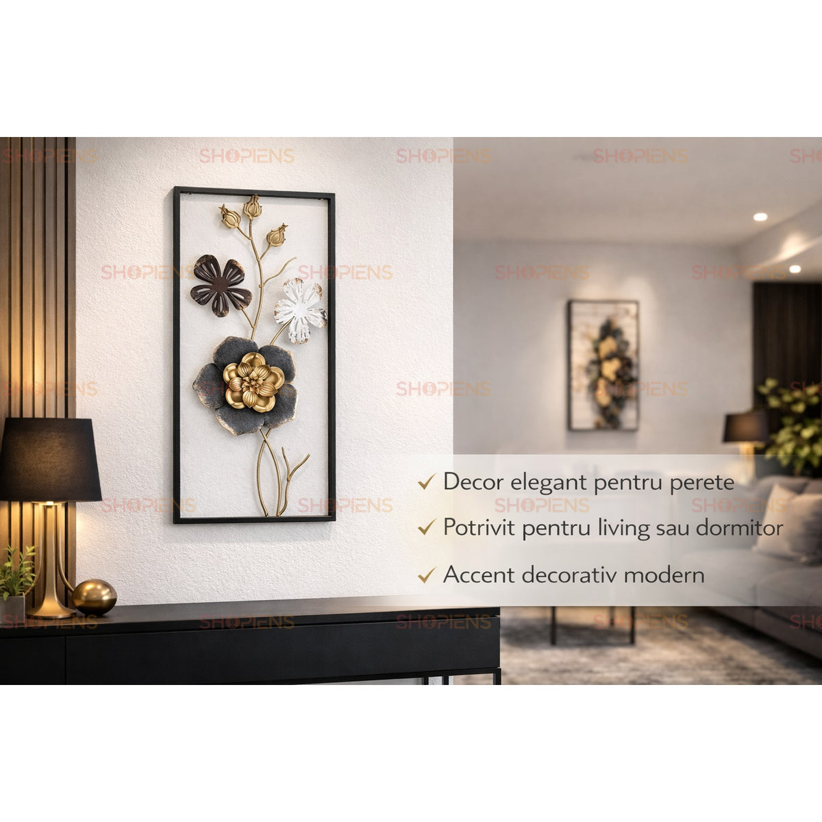 Tablou cu flori 3D din metal auriu, alb și gri, ramă neagră, 25x50 cm Shopiens – pe perete în living, deasupra unei console