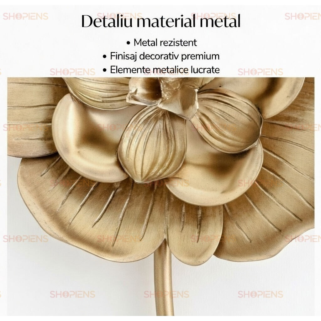 Tablou cu flori 3D din metal auriu, alb și gri, ramă neagră, 25x50 cm Shopiens – detaliu material metalic auriu