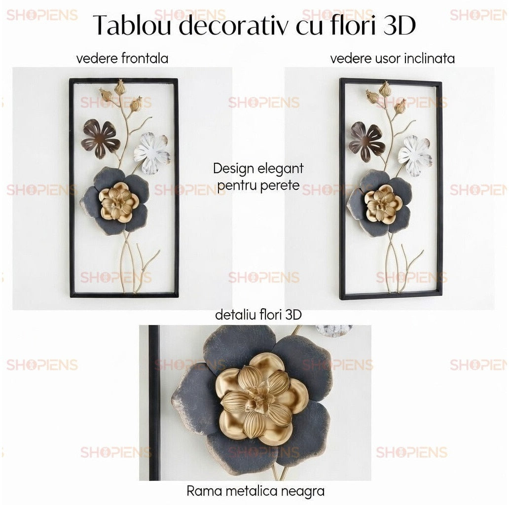 Tablou cu flori 3D din metal auriu, alb și gri, ramă neagră, 25x50 cm Shopiens – vedere frontală, înclinată și detaliu flori 3D