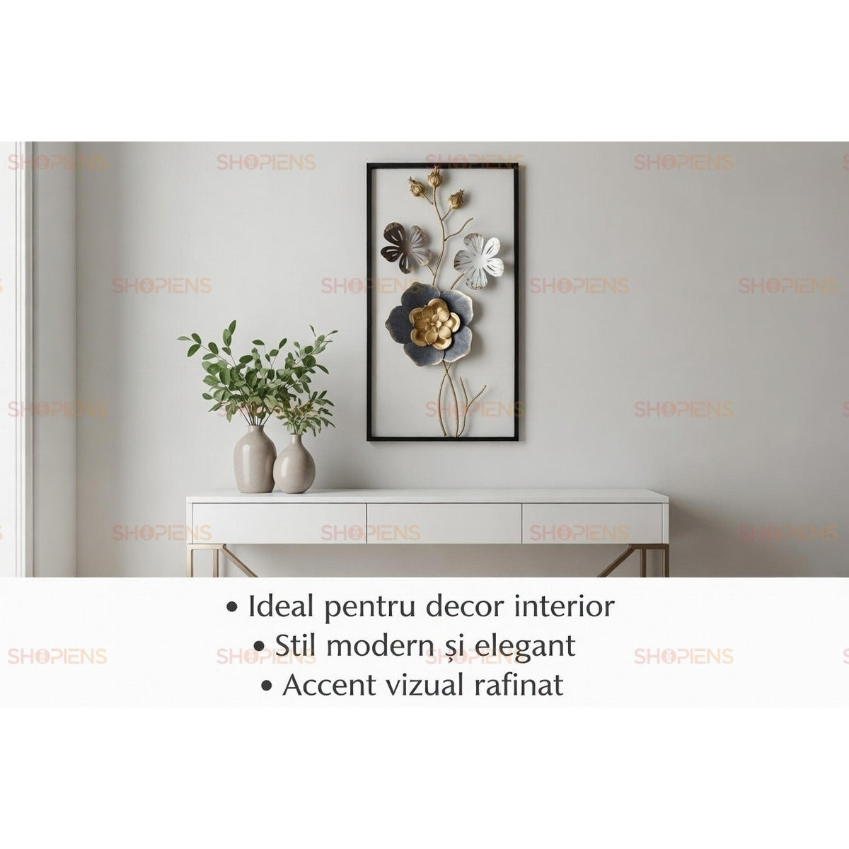 Tablou cu flori 3D din metal auriu, alb și gri, ramă neagră, 25x50 cm Shopiens – pe perete deasupra unei console albe