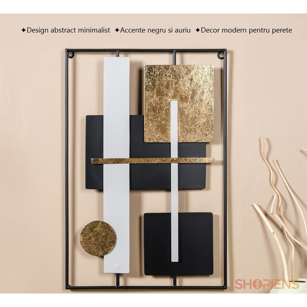 Tablou metalic abstract negru, gri și auriu, 40x60 cm Shopiens – vedere din față cu caracteristici