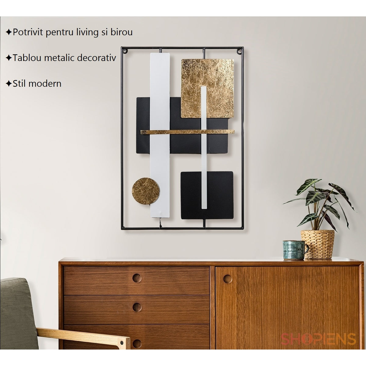 Tablou metalic abstract negru, gri și auriu, 40x60 cm Shopiens – pe peretele din living deasupra unei comode