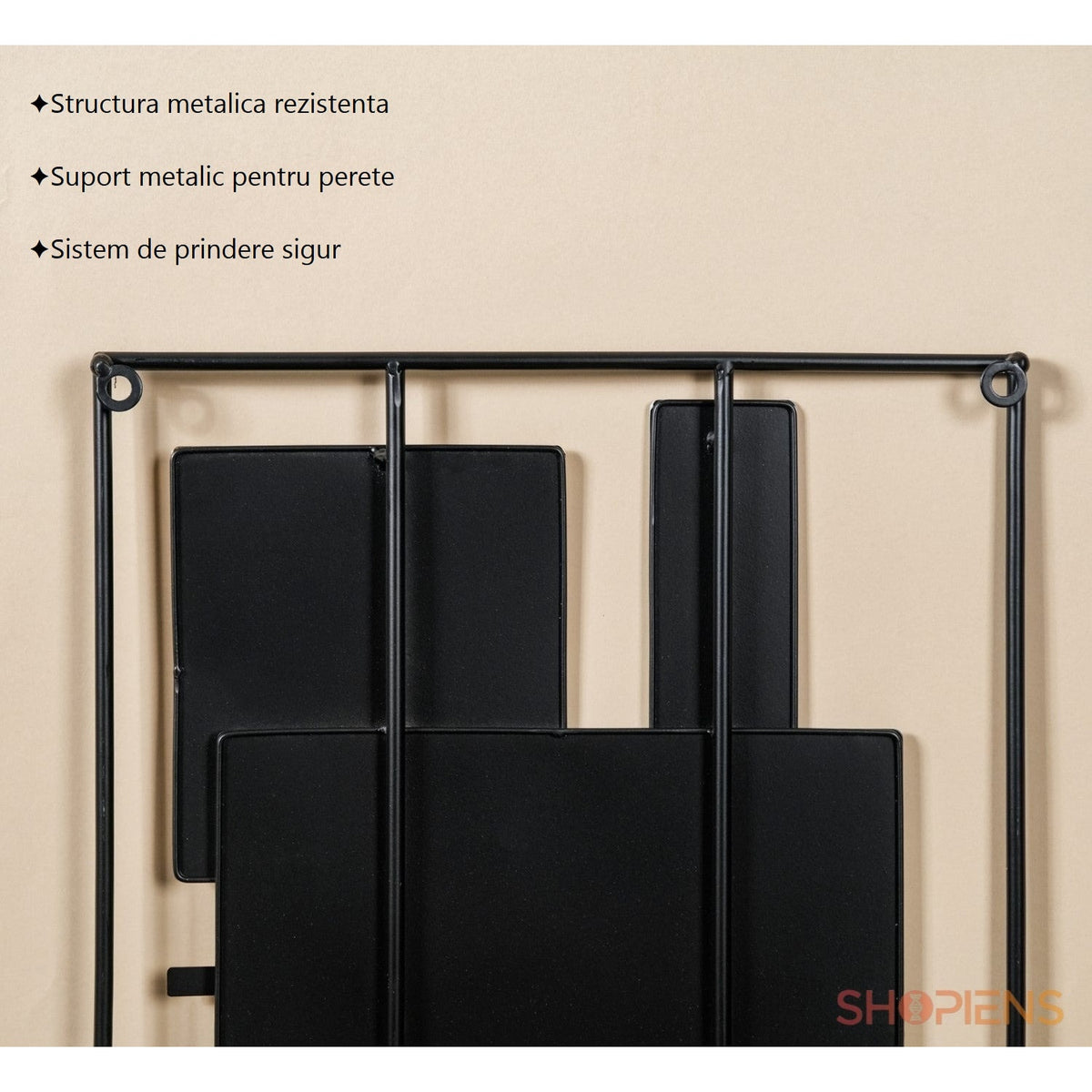 Tablou metalic abstract negru, gri și auriu, 40x60 cm Shopiens – detaliu sistem de prindere