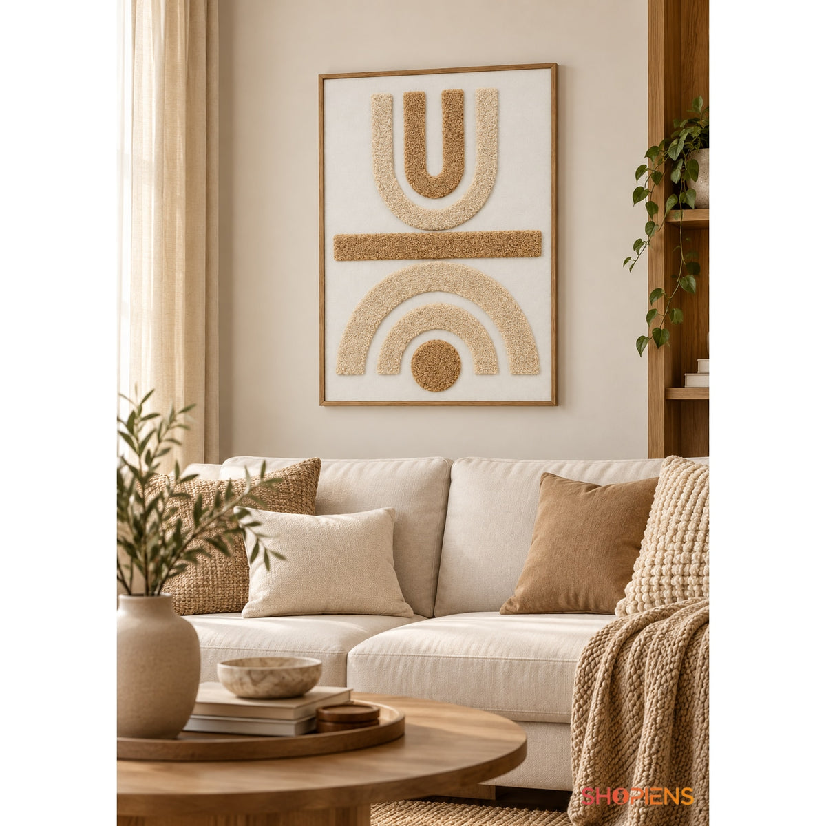 Tablou textil boho cu arcade în relief 3D, crem-bej, 50x70 cm Shopiens – în living deasupra mesei de cafea