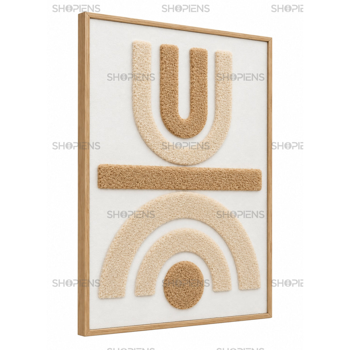 Tablou textil boho cu arcade în relief 3D, crem-bej, 50x70 cm Shopiens – vedere din lateral cu ramă natur