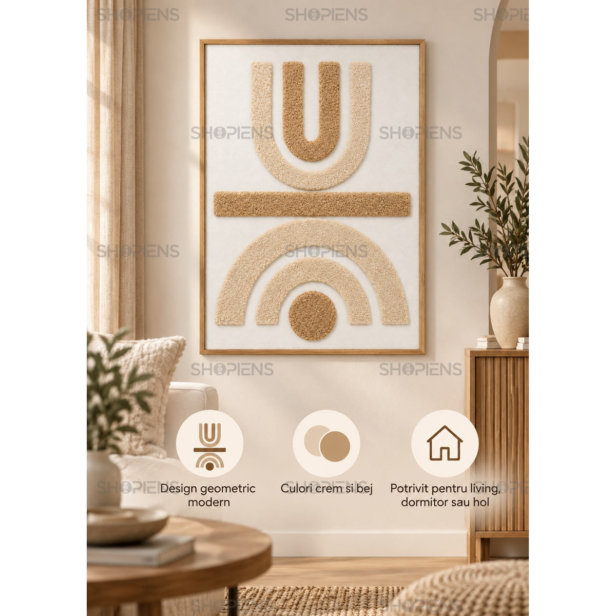 Tablou textil boho cu arcade în relief 3D, crem-bej, 50x70 cm Shopiens – în living, design geometric modern