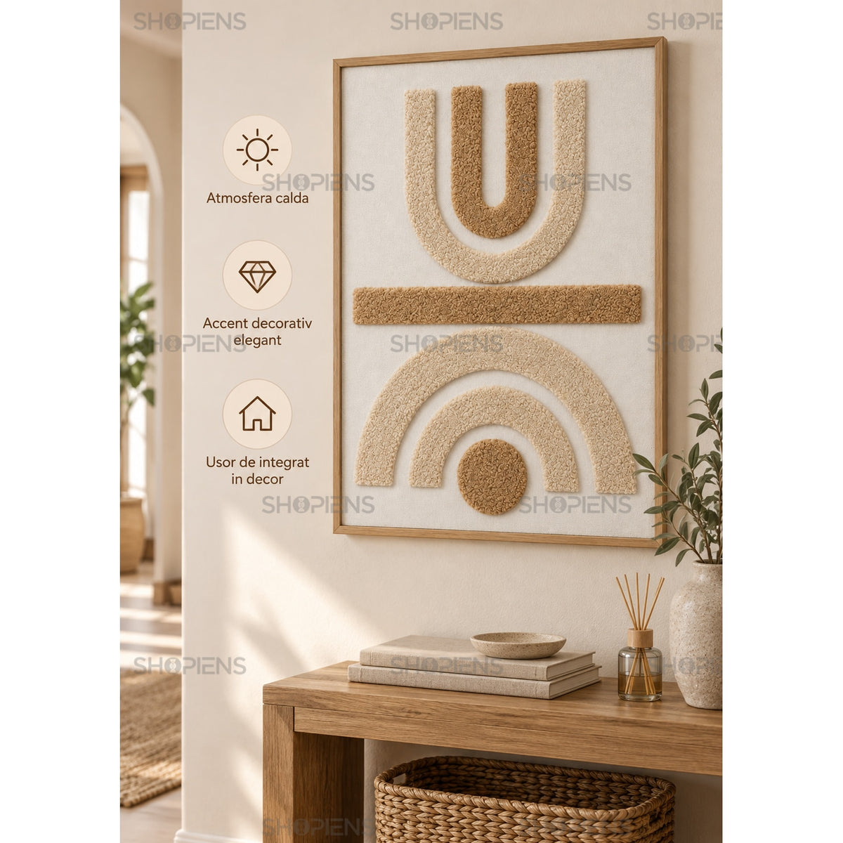 Tablou textil boho cu arcade în relief 3D, crem-bej, 50x70 cm Shopiens – pe peretele holului deasupra unei console