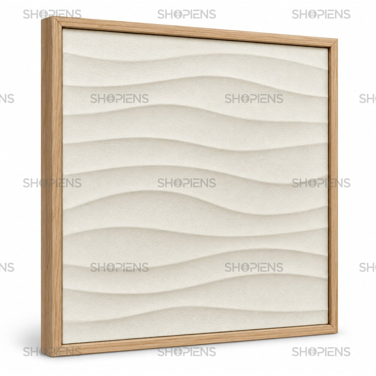 Tablou zen cu valuri 3D în relief, bej cu efect de nisip, 52x52 cm Shopiens – vedere din lateral cu ramă aspect lemn